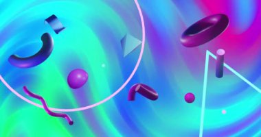 Renkli dalga arkaplanı üzerinde soyut üç boyutlu şekillerin canlandırılması. İletişim, veri işleme, yaratıcılık ve dijital arayüz arka plan kavramı dijital olarak oluşturuldu.