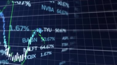 Mavi arka planda finansal ve borsa veri işleme animasyonu. Küresel ekonomi ve iş teknolojisi kavramı