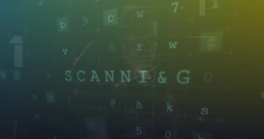 Soyut arkaplan üzerinde bağlı simgelerin, harflerin, sembollerin ve sayıların canlandırılması. Dijital olarak üretilen, hologram, illüstrasyon, iletişim, küreselleşme ve teknoloji kavramı.
