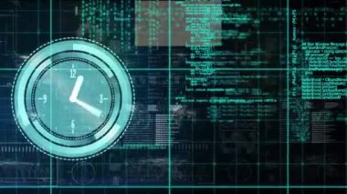 Mavi arkaplana karşı veri işleme arayüzü üzerinde neon tik saat simgesinin animasyonu. Bilgisayar arayüzü ve iş teknolojisi kavramı