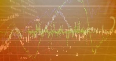 Çoklu grafik animasyonu, simge döngüsü ve soyut arkaplan üzerinde işlem tahtası. Dijital olarak üretilmiş, hologram, illüstrasyon, rapor, kodlama, ilerleme ve borsa konsepti.