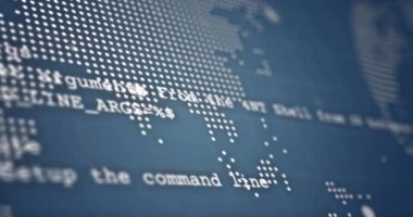 Dünya haritasında veri işleme animasyonu ve mavi arka planda dönen dünya. Küresel ağ ve iş teknolojisi kavramı