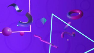 Soyut 3 boyutlu şekillerin ve mor arkaplan üzerinde dairelerin canlandırılması. İletişim, veri işleme, yaratıcılık ve dijital arayüz arka plan kavramı dijital olarak oluşturuldu.