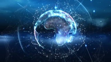 Mavi eğimli arka plana karşı dönen dünya üzerindeki ışık izlerinin animasyonu. Küresel ağ ve iş teknolojisi kavramı