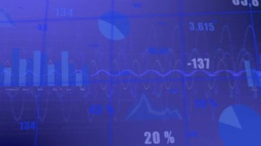 Mavi arkaplan ile ızgara ağı üzerinden istatistiksel veri işleme animasyonu. Bilgisayar arayüzü ve iş veri teknolojisi kavramı