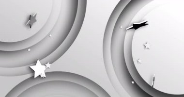Gri dairesel arkaplan üzerinde hareket eden beyaz yıldızların animasyonu. İletişim, veri işleme, yaratıcılık ve dijital arayüz arka plan kavramı dijital olarak oluşturuldu.