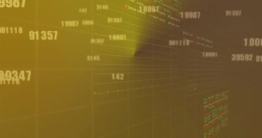 Birden fazla grafik ve soyut arkaplan üzerinde rakamların değiştirilmesi animasyonu. Dijital olarak üretilmiş, hologram, illüstrasyon, rapor, iş dünyası, büyüme ve borsa konsepti.