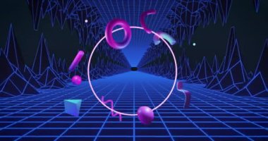 Karanlık arka planda soyut üç boyutlu şekillerin ve ızgaraların animasyonu. İletişim, veri işleme, yaratıcılık ve dijital arayüz arka plan kavramı dijital olarak oluşturuldu.