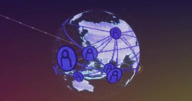 Mor gradyan arka plana karşı dönen dünya üzerinde dijital simge ağının animasyonu. Küresel ağ ve iş teknolojisi kavramı