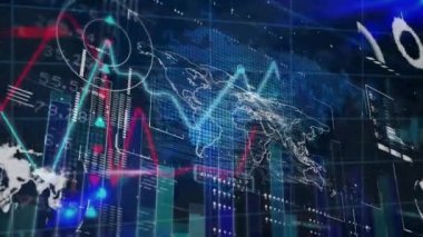 Dünya haritasında mavi arkaplan ile veri işleme arayüzünün animasyonu. Bilgisayar arayüzü ve iş teknolojisi kavramı