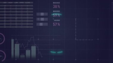 Animation of neon round scanner over statistical data processing against blue background. Computer interface and business data technology concept