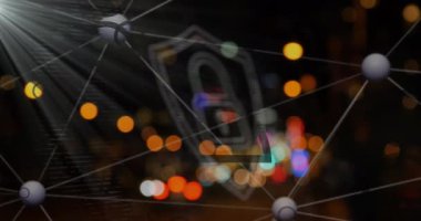 Bulanık araçlara karşı kalkanda asma kilit oluşturan noktaların üzerindeki bağlı noktaların animasyonu. Dijital bileşik, çoklu pozlama, iletişim, koruma, güvenlik ve teknoloji kavramı.