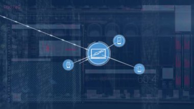 Animation of network of digital icons and data processing against close up of a computer server. Global networking and business data storage technology concept