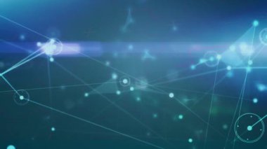 Animation of network of connections and light trails against blue background. Global networking and business technology concept