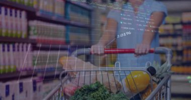 Grafiklerin animasyonu, market arabası taşıyan beyaz bir kadının orta bölümünün alım satım tahtaları. Dijital bileşik, çoklu pozlama, rapor, iş, alışveriş, perakende ve borsa konsepti.