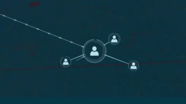 Animation of network of profile icons against blue background. Global networking and business technology concept