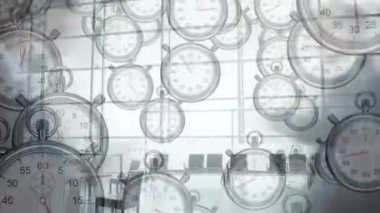 Ofisteki cam pencereye doğru yürüyen insanların hızlandırılmış kronometrelerle düşme animasyonu. Dijital bileşik, çoklu pozlama, zaman, ölçüm, iş ve teknoloji kavramı.