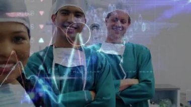 Muhtelif doktorların ameliyat odasında kolları çapraz duran birçok grafik ve haritanın animasyonu. Dijital bileşik, çoklu pozlama, rapor, iş, küresel, tıbbi ve sağlık konsepti.