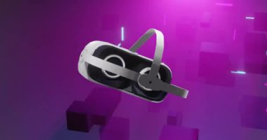 Mor arkaplan üzerinde vr kulaklık ve 3d küplerin animasyonu. İletişim, teknoloji ve dijital arayüz kavramı, dijital olarak oluşturulmuş video.