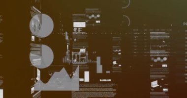 Çoklu grafiklerin animasyonu, sayıları değiştirmek ve bilgisayar dilinde daireler yüklemek. Dijital olarak üretilmiş, hologram, illüstrasyon, rapor, iş dünyası, kodlama ve teknoloji kavramı.