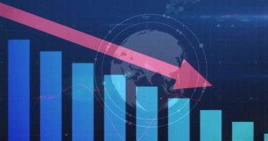 Şebeke ve karanlık arkaplan üzerinde veri işleme ve küre animasyonu. Küresel iş, iletişim, dijital arayüz, finans ve veri işleme kavramı dijital olarak oluşturuldu.