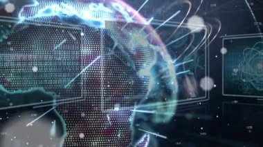 Dönen dünya üzerindeki beyaz noktaların ve ışık yollarının animasyonu ve veri işleme arayüzü. Bilgisayar arayüzü ve iş teknolojisi kavramı