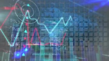 Veri işleme ile birden fazla ekranda istatistiksel veri işleme animasyonu. Bilgisayar arayüzü ve iş veri teknolojisi kavramı