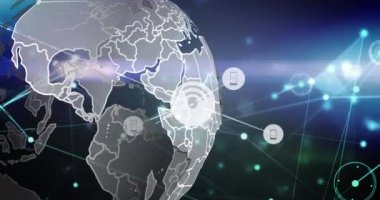 Lensler üzerindeki bağlı simgelerin canlandırılması, dönen dünya ve siyah arkaplandaki bağlantılı noktalar. Dijital olarak üretilen, hologram, illüstrasyon, iletişim, küreselleşme ve teknoloji kavramı.