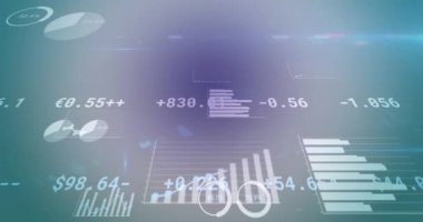 Çoklu grafik animasyonu, mavi arka plandaki ticari mercek fişeklerinin üzerinden daireler yükleme. Dijital olarak üretilmiş, hologram, illüstrasyon, rapor, iş, ilerleme ve borsa konsepti.