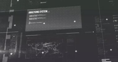 Soyut arkaplana karşı metin, harita, lens işaretleri ve bilgisayar dilinin animasyonu. Dijital olarak üretilmiş, hologram, illüstrasyon, rapor, iş dünyası, küresel, kodlama ve teknoloji.