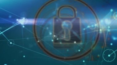 Güvenlik asma kilit simgesinin animasyonu, bağlantı ağı ve mavi arka planda ışık izleri. Siber güvenlik ve iş teknolojisi kavramı