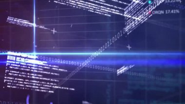 Borsa veri işleme ve mavi arkaplandaki ışık yollarına karşı ikili kodlama animasyonları. Küresel ekonomi ve iş veri teknolojisi kavramı