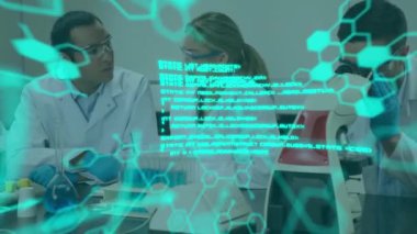 Bilgisayar dili animasyonu, molekül yapıları, laboratuvarda çalışan çeşitli araştırmacılar. Dijital bileşik, çoklu maruz kalma, anatomi, kodlama, tıbbi, sağlık ve teknoloji konsepti.