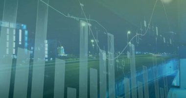 Modern binalara karşı araçların süratle süratle geçtiği birden fazla grafiğin animasyonu. Dijital bileşik, çoklu pozlama, rapor, iş, ulaşım ve teknoloji kavramı.