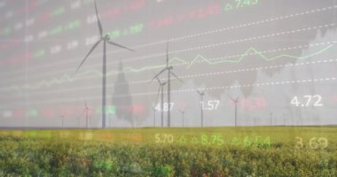 Otlaklarda dönen yel değirmenlerine karşı borsa veri işleme animasyonu. Küresel ekonomi ve yenilenebilir enerji teknolojisi kavramı