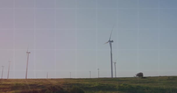 Animation Statistical Data Processing Spinning Windmills Grassland Grey Sky Global — Stock Video