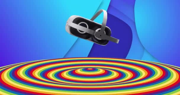 蓝色背景上Vr耳机和彩色圆形表面的动画 技术和数字接口概念 数字生成视频 — 图库视频影像