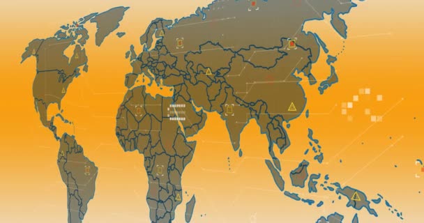 Animace Zpracování Dat Přes Mapu Světa Žlutém Pozadí Gradientu Globální — Stock video