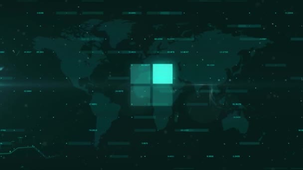 Animazione Forme Quadrate Neon Elaborazione Dati Mappa Del Mondo Sfondo — Video Stock