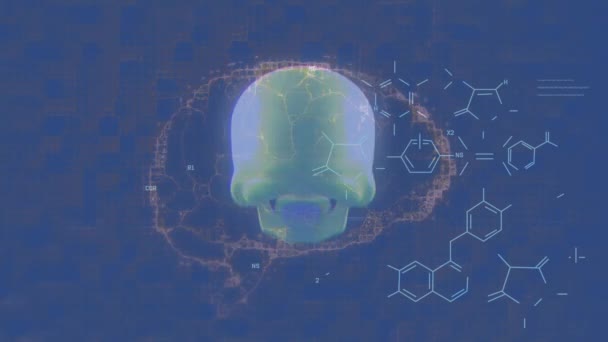 Animacja Struktur Chemicznych Nad Wirującym Ludzkim Mózgiem Ikoną Czaszki Niebieskim — Wideo stockowe