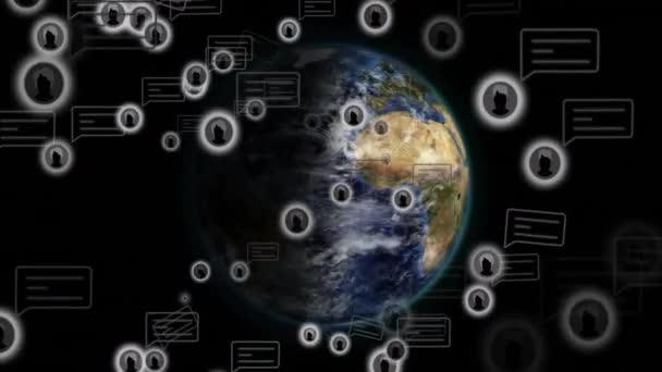 Анимация Профилей Пиктограмм Сообщений Всему Миру Вращающихся Черном Фоне Цифровое — стоковое видео