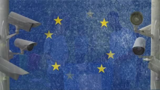 Animazione Della Telecamera Sorveglianza Sulla Bandiera Europea Contro Diversi Amici — Video Stock