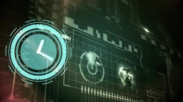 緑色の背景を背景にデータ処理とのインターフェイス上のネオン時計アイコンのアニメーション コンピュータ インターフェースとビジネス技術の概念 — ストック動画