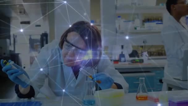 女性の原因アジアの科学者が液体のサンプルを転送する上で接続点のアニメーション デジタル複合体 複数の暴露 技術の概念 — ストック動画