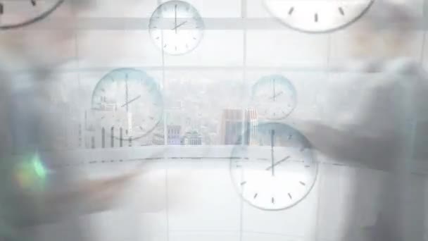 Animation Clocks Time Lapse Businesspeople Walking Modern City Digital Composite — Stock Video