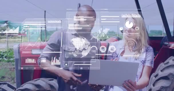 オフィス内の多様なビジネス人に対するデータ処理のアニメーション グローバルビジネス デジタルインターフェイス コンピューティング データ処理の概念デジタル生成されたビデオ — ストック動画
