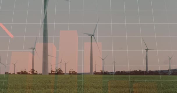 Animatie Van Statistische Gegevensverwerking Draaiende Windmolens Grasland Tegen Grijze Lucht — Stockvideo