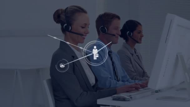 Animation Connected Icons Smiling Diverse Customer Representative Talking Customers Digital — Stock Video