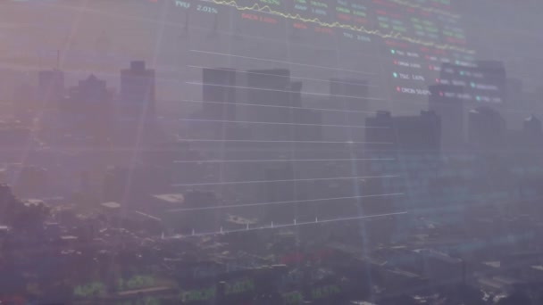 Анимация Обработки Статистических Данных Данных Фондового Рынка Воздушным Видом Городской — стоковое видео