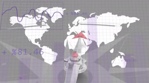 Animação Processamento Dados Sobre Bússola Com Agulha Movimento Mapa Mundo — Vídeo de Stock
